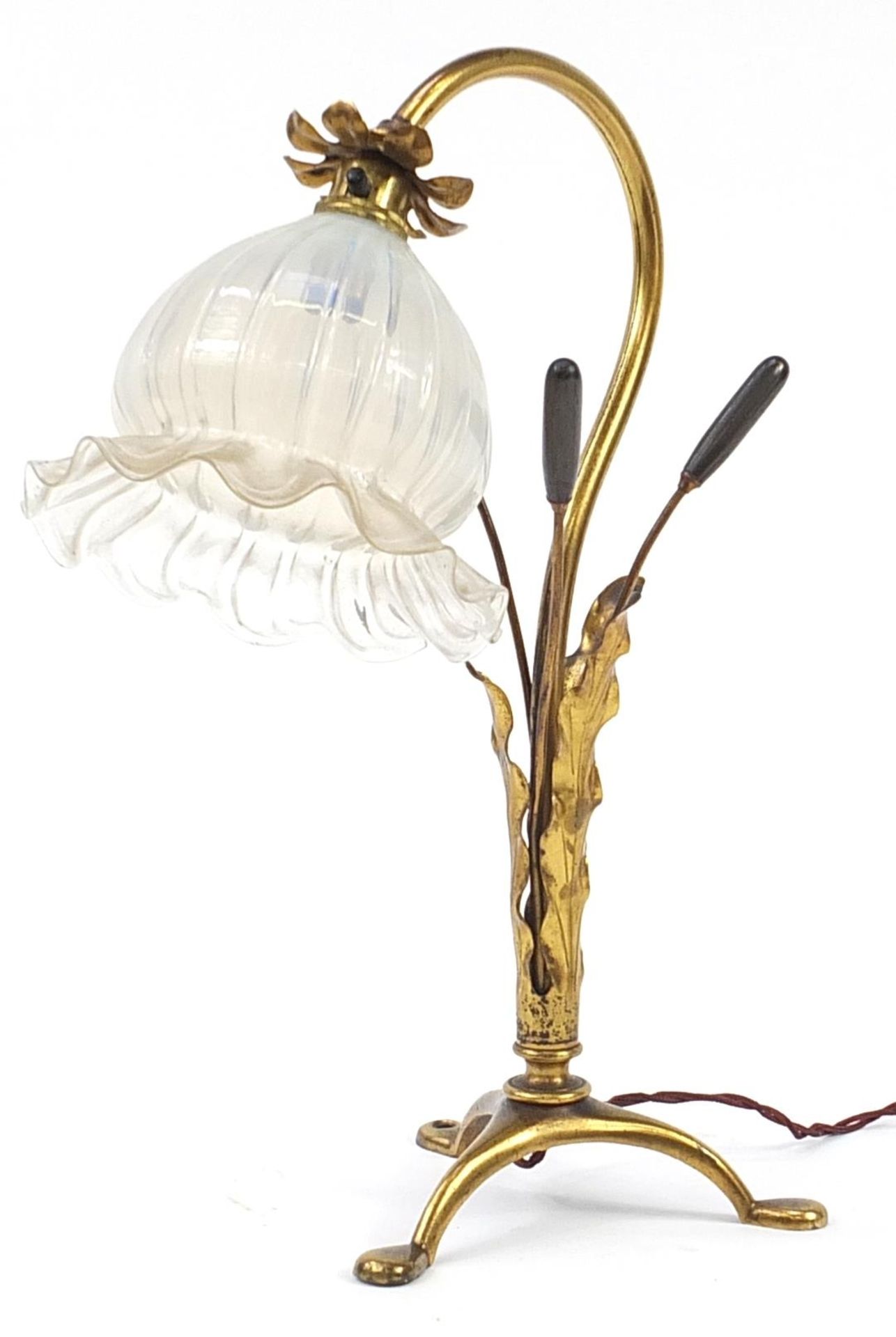 Manner of WAS Benson, Arts & Crafts gilt brass naturalistic pullman lamp with Vaseline frilled glass