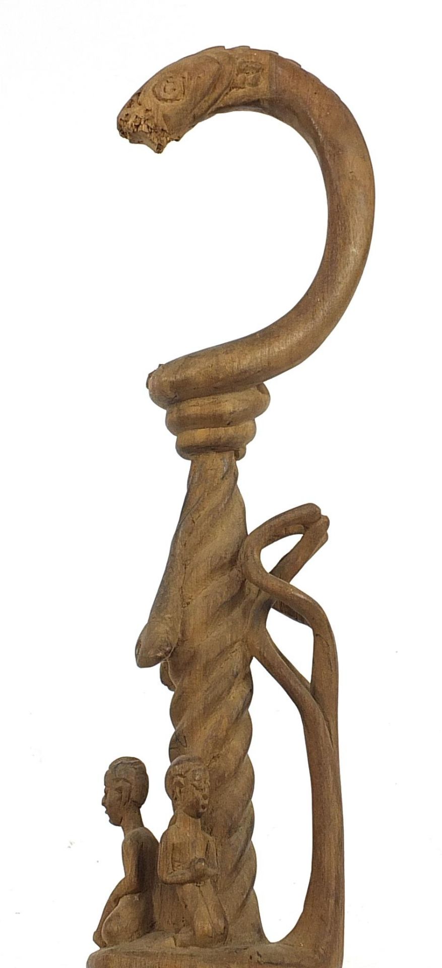 Tribal interest walking stick carved with figures and fish, 89.5cm in length