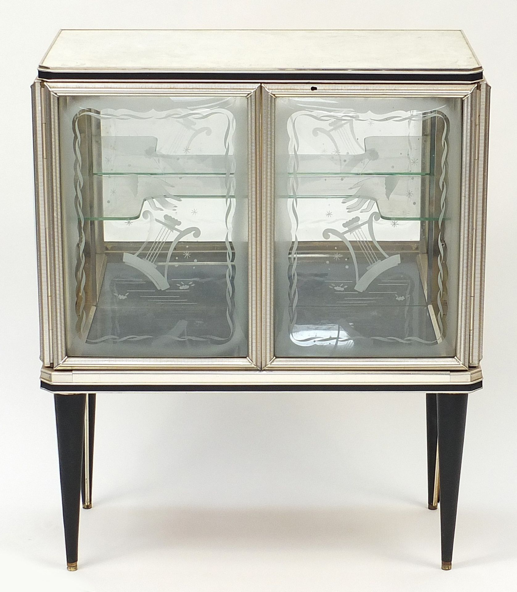 1950's Retro Italian style glass cabinet, the bow fronted doors and sides etched with musical lyre - Image 3 of 5