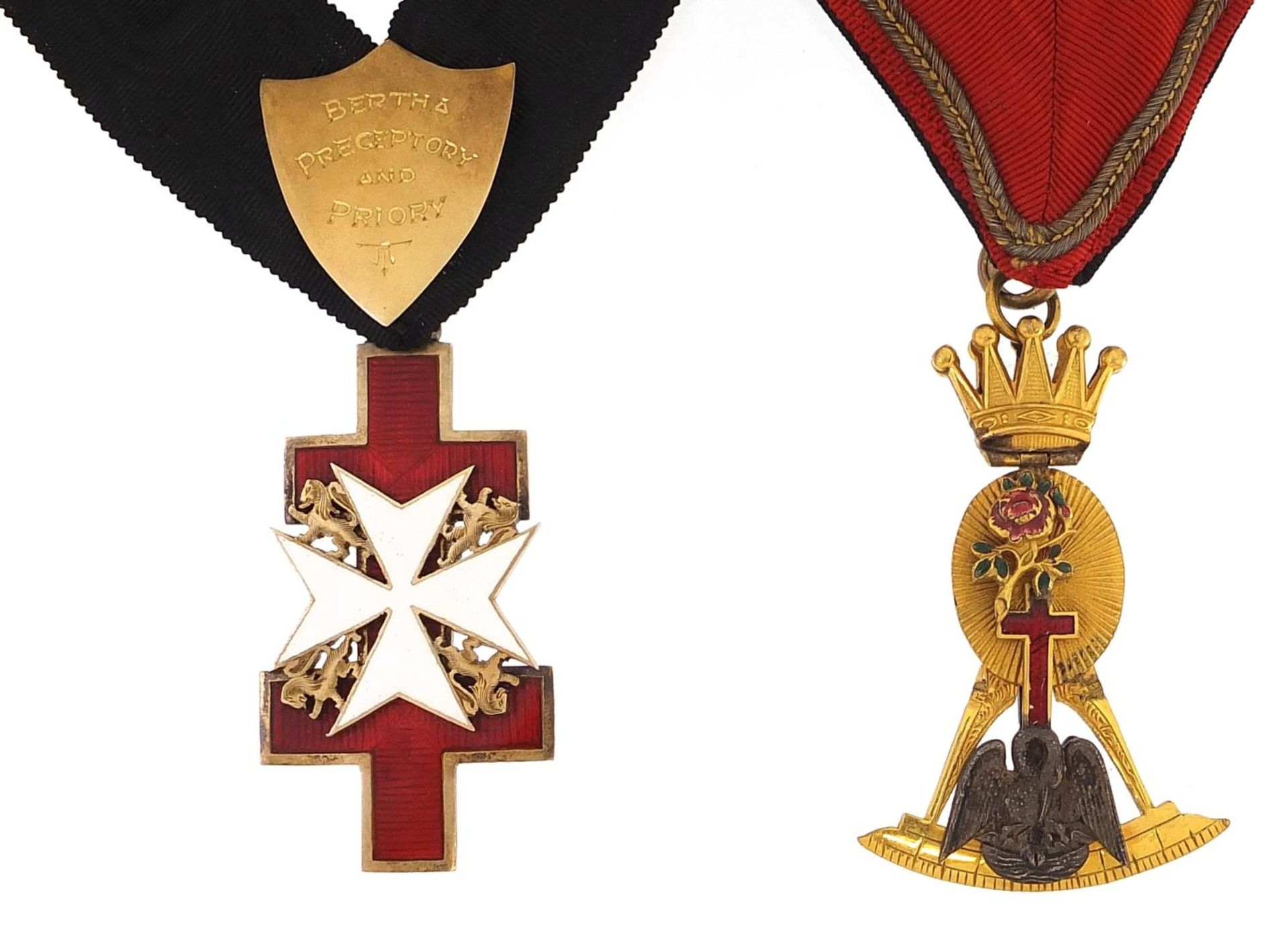 Two masonic silver gilt and enamel jewels including a Knights Templar Cross presented to Fr James