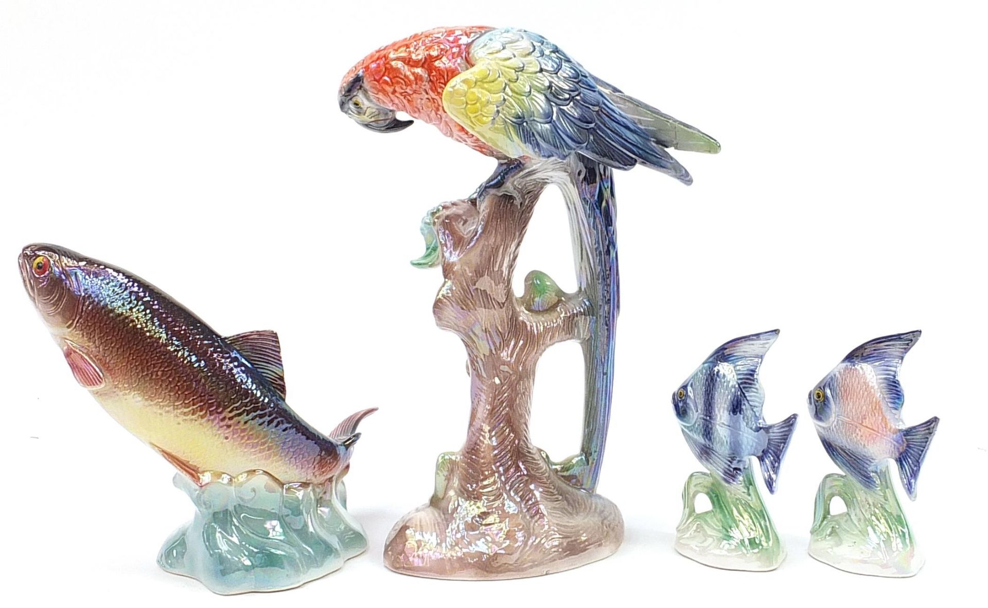 Large Jema of Holland porcelain parrot, leaping salmon and pair of angel fish, the largest 40cm high - Image 2 of 4