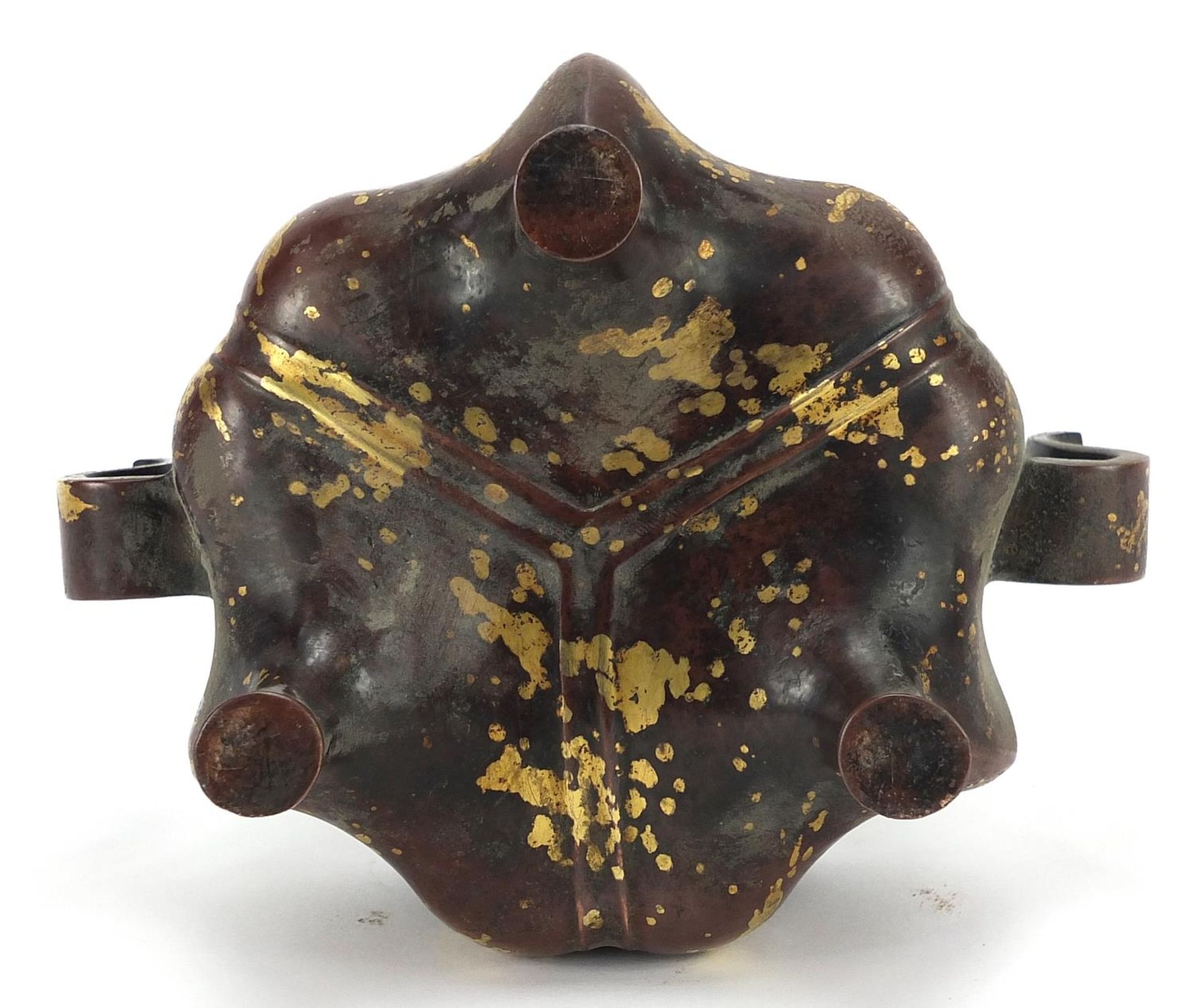 Chinese gold splashed patinated bronze tripod censer with twin handles, 16cm wide - Image 4 of 4