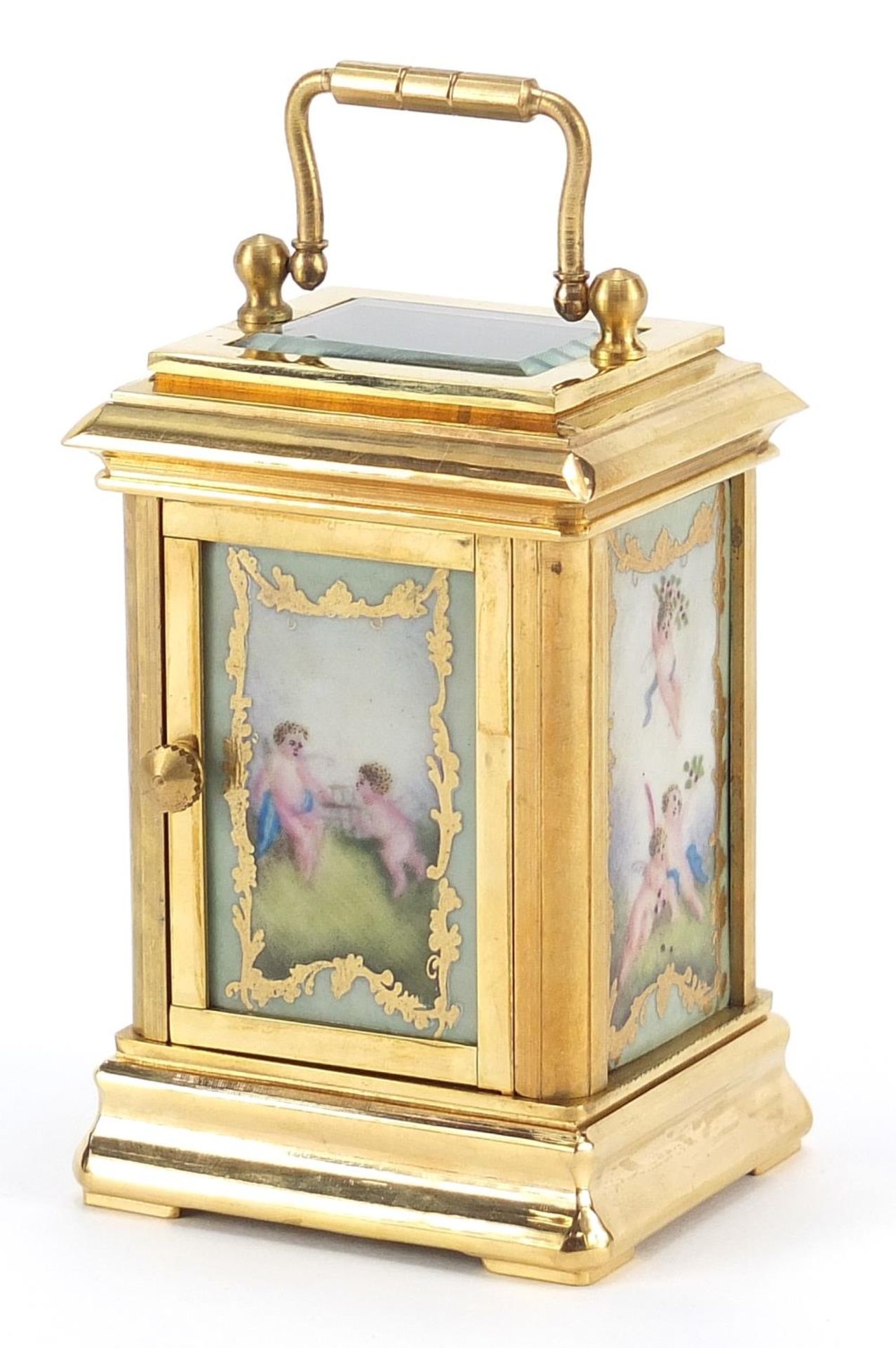 Miniature brass cased carriage clock with Sevres style panels and swing handle, 8cm high - Image 2 of 4