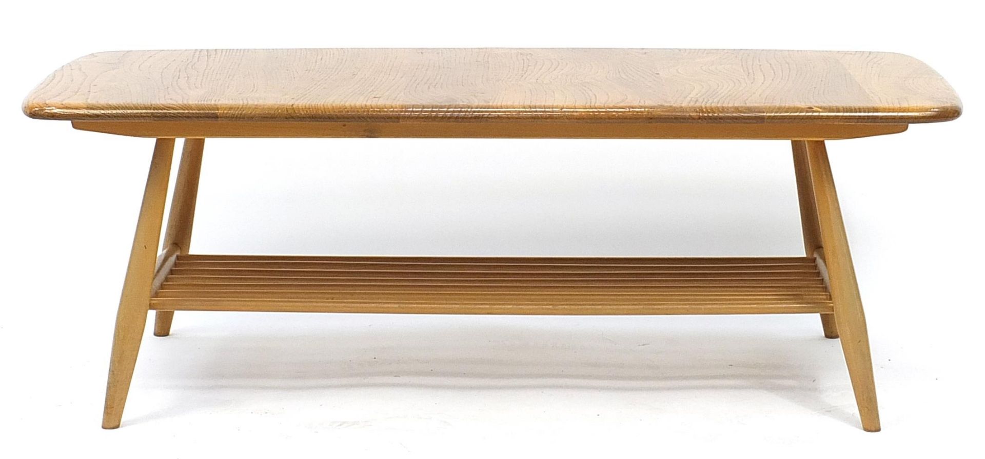 Vintage Ercol light elm coffee table with rack, 36cm H x 102cm W x 43cm D - Image 4 of 6