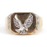 9ct gold eagle ring set with diamonds, size Q, 5.2g