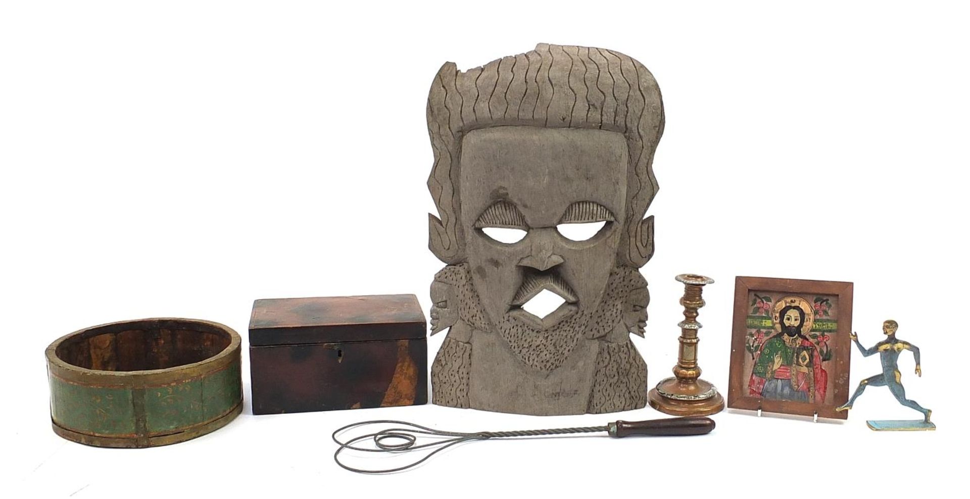 Sundry items including large African carved wood wall mask, Victorian workbox and painted glass