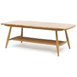 Vintage Ercol light elm coffee table with rack, 36cm H x 102cm W x 43cm D