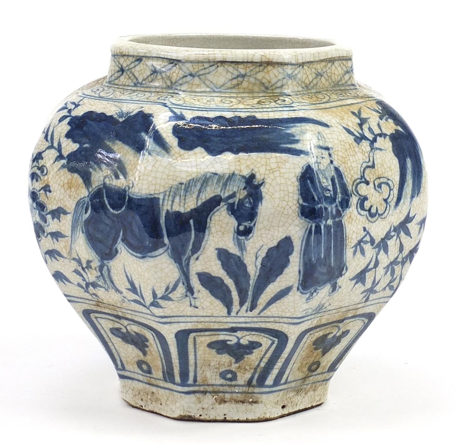 Chinese blue and white porcelain jar hand painted with figures and flowers, 23cm high - Image 2 of 4