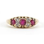 18ct gold ruby and diamond seven stone ring, size M/N, 3.2g