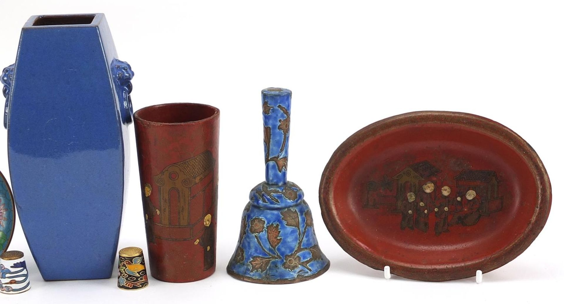 Oriental porcelain and objects including a square section vase with animalia ring turned handles, - Image 3 of 5