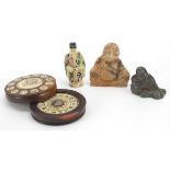 Chinese objects including circular inlaid compass and lead figure of Buddha, the largest 7.5cm in