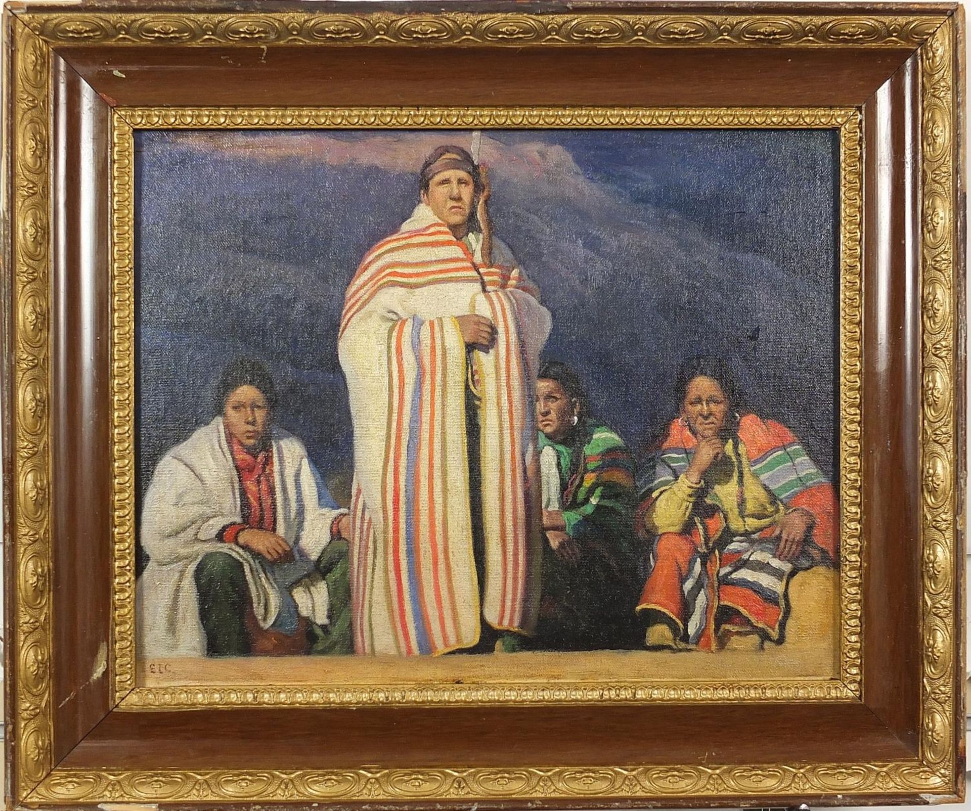 Four Red Indian figures wearing traditional dress, North American school oil on board, mounted and - Image 2 of 5