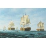Fleet of naval ships, maritime interest oil on board, framed, 70cm x 45cm excluding the frame