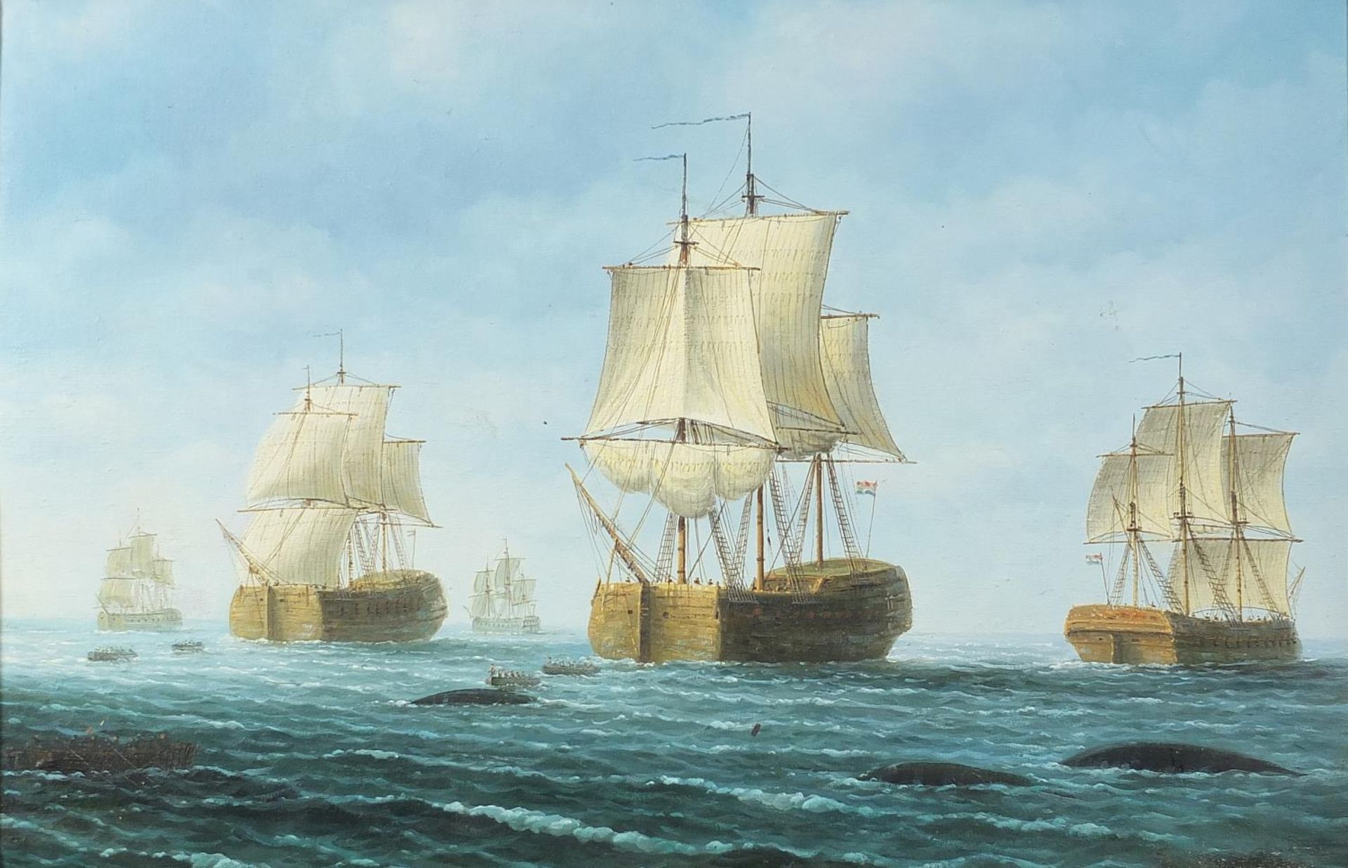 Fleet of naval ships, maritime interest oil on board, framed, 70cm x 45cm excluding the frame