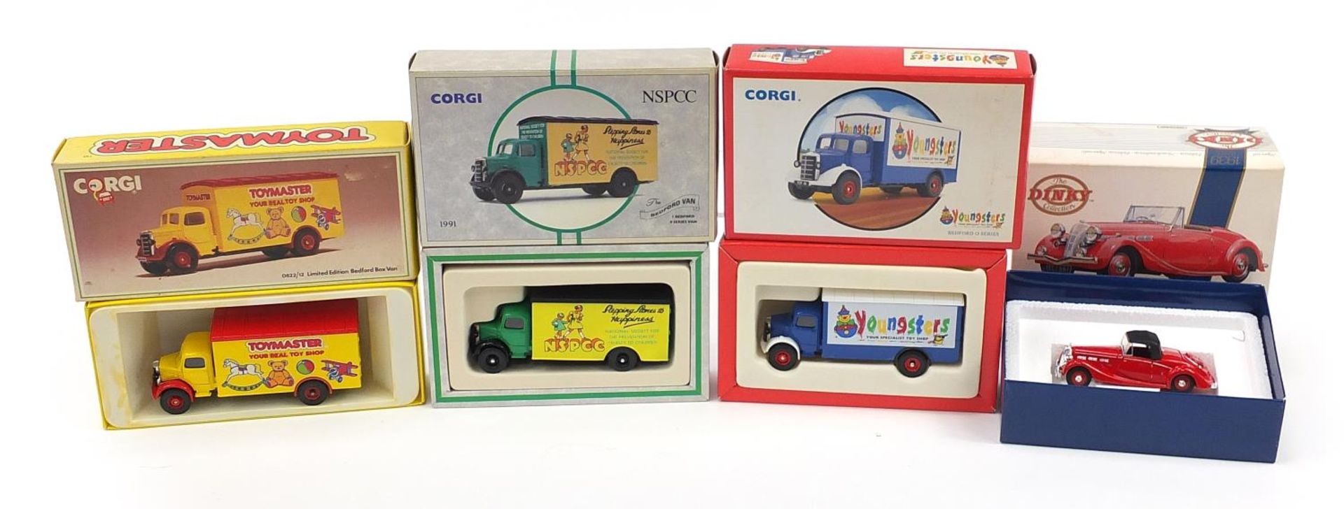 Four Corgi and Dinky diecast vehicles with boxes comprising 1939 Triumph Dolomite, NSPCC Bedford