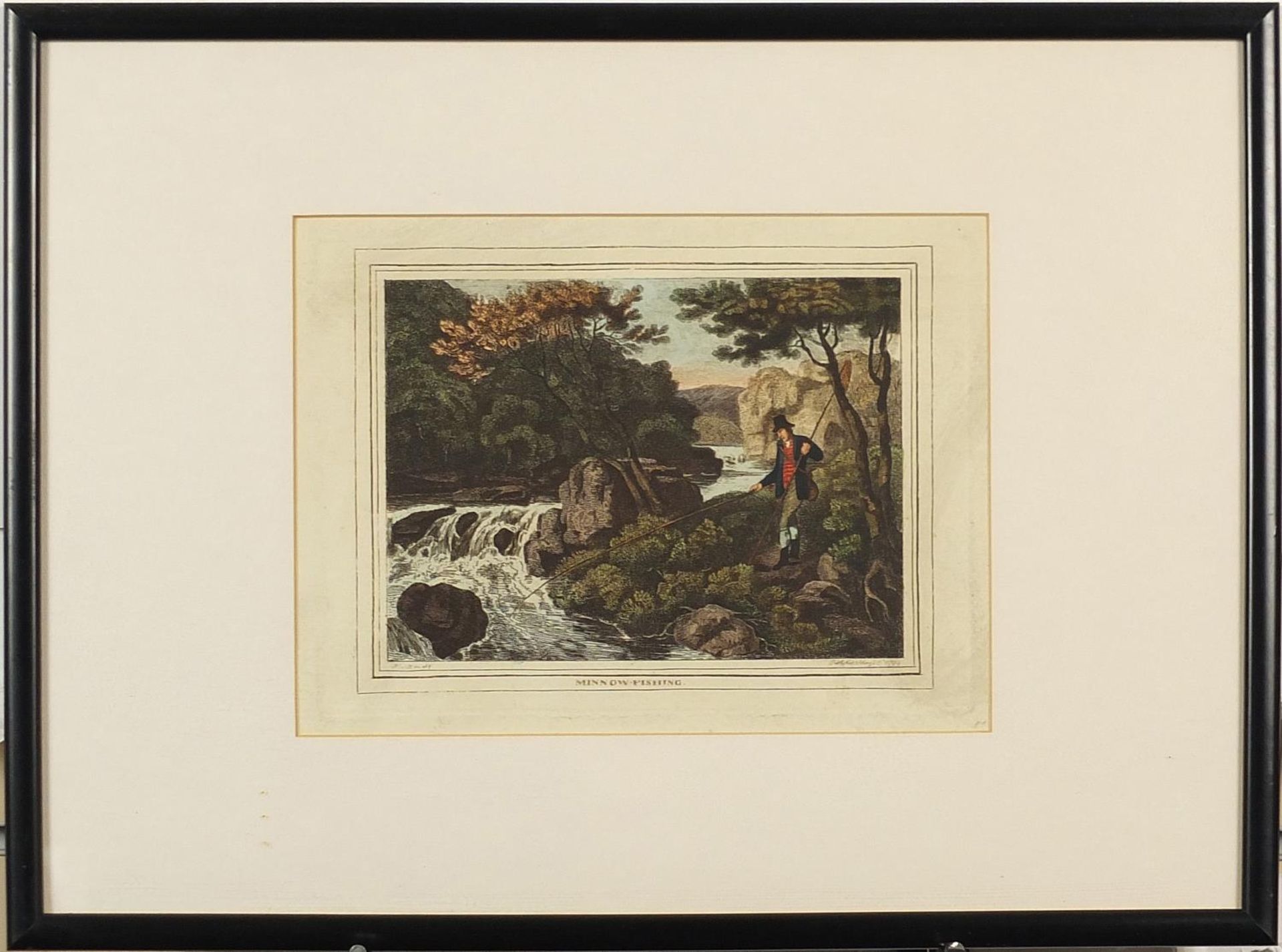 Hare Hunting and Minnow Fishing, pair of late 18th century prints in colour, each framed and glazed, - Image 3 of 10