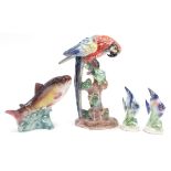 Large Jema of Holland porcelain parrot, leaping salmon and pair of angel fish, the largest 40cm high