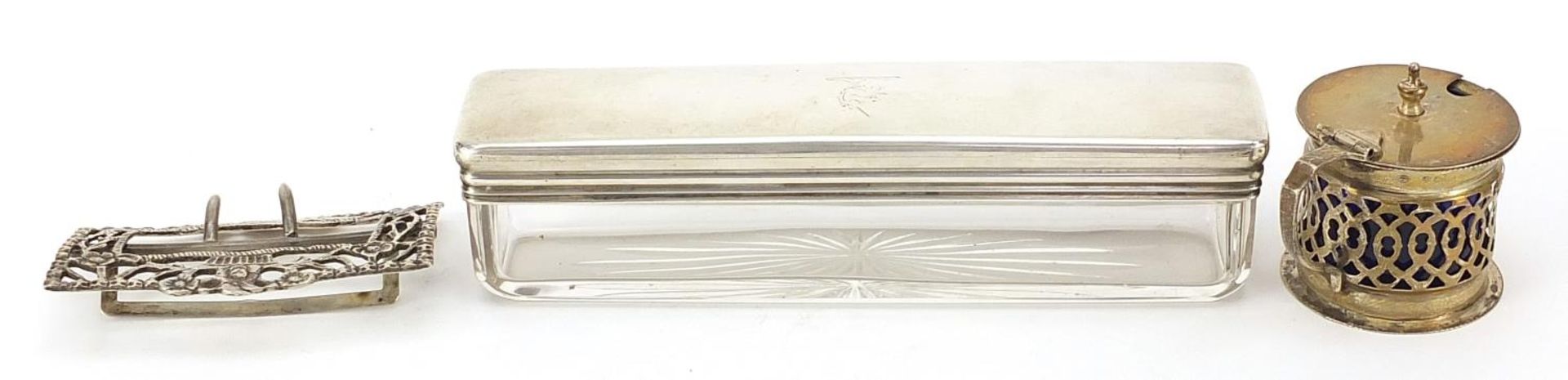 Silver objects comprising rectangular glass jar with silver lid retailed by Asprey, belt buckle - Image 2 of 5