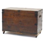 Antique metal bound trunk with cast iron handles, 61cm H x 87.5cm W x 45.5cm D