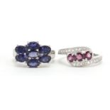 Two silver rings set with colourful stones, sizes O and P, 8.4g