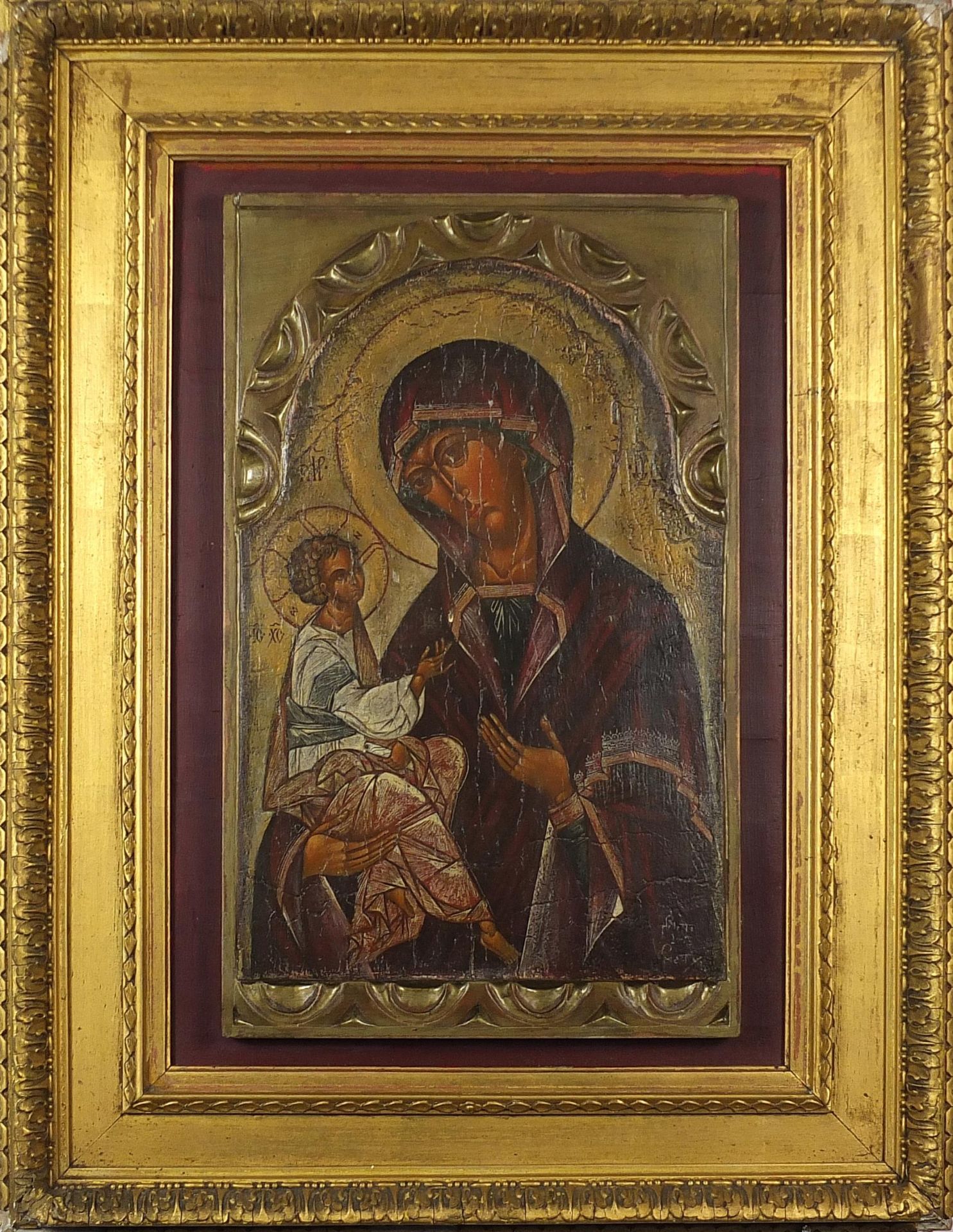 Madonna and child, Orthodox religious icon, oil, mounted and framed, 49cm x 30cm excluding the mount - Image 2 of 4