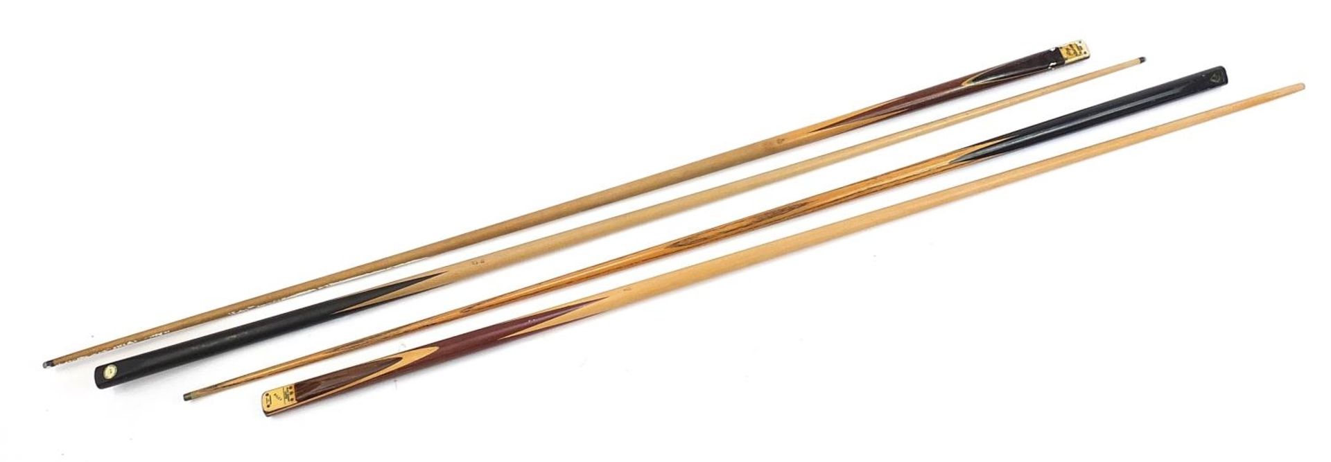 Four wooden snooker cues including Ray Reardon, John Bennett & Co and Riley Burwat, the largest