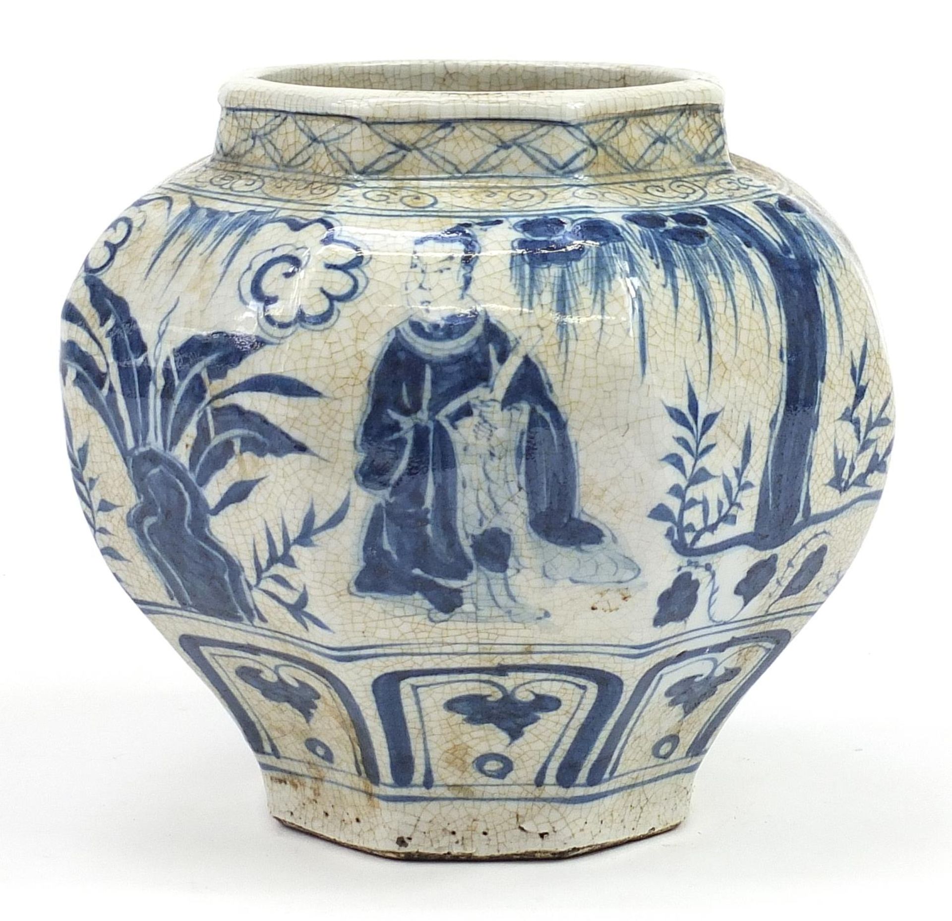 Chinese blue and white porcelain jar hand painted with figures and flowers, 23cm high