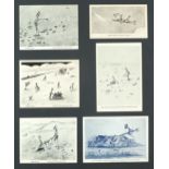 Framed display of six Christmas cards from Patrick Moore, inscribed verso His mother drew the cards,