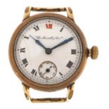 Thomas Russell & Son, gentlemen's gold plated wristwatch with enamelled dial, 32mm in diameter