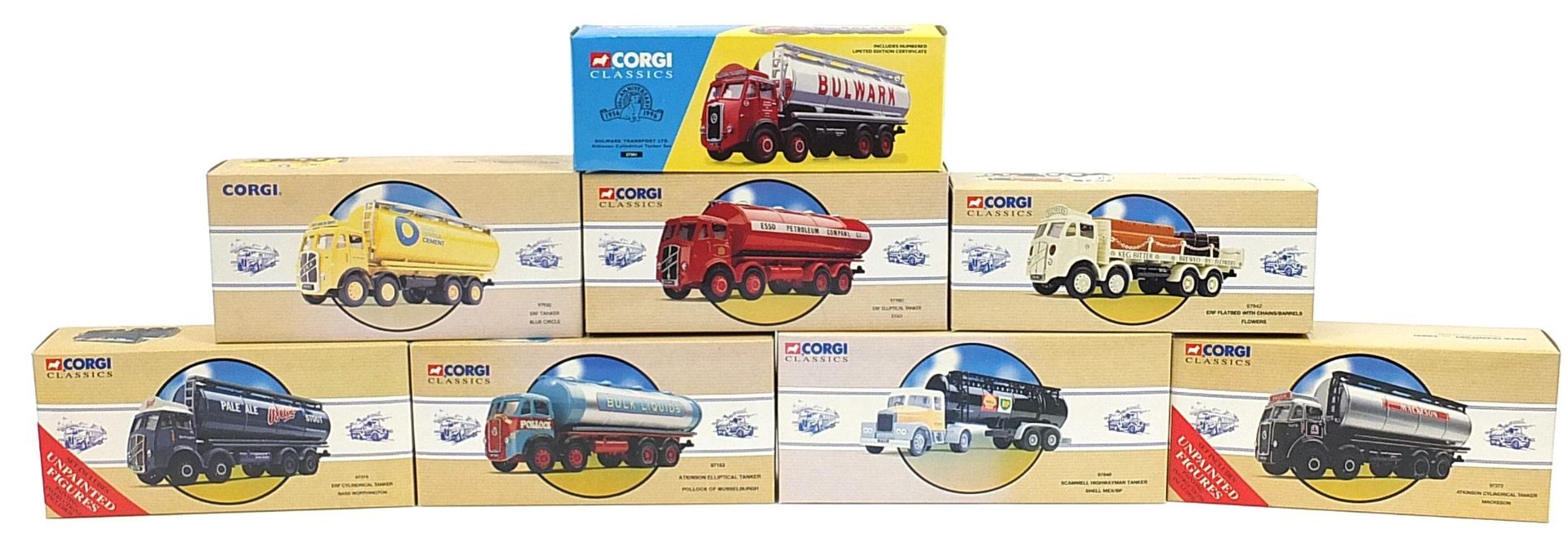 Eight Corgi die cast advertising road transport tankers with boxes, numbers 97319, 27301, 97162,