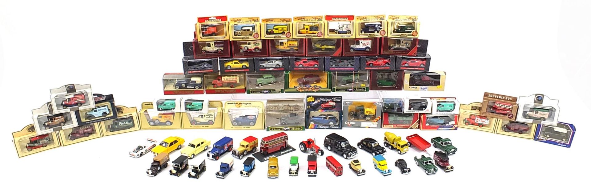 Large collection of diecast collector's vehicles with boxes including Days Gone by Lledo and