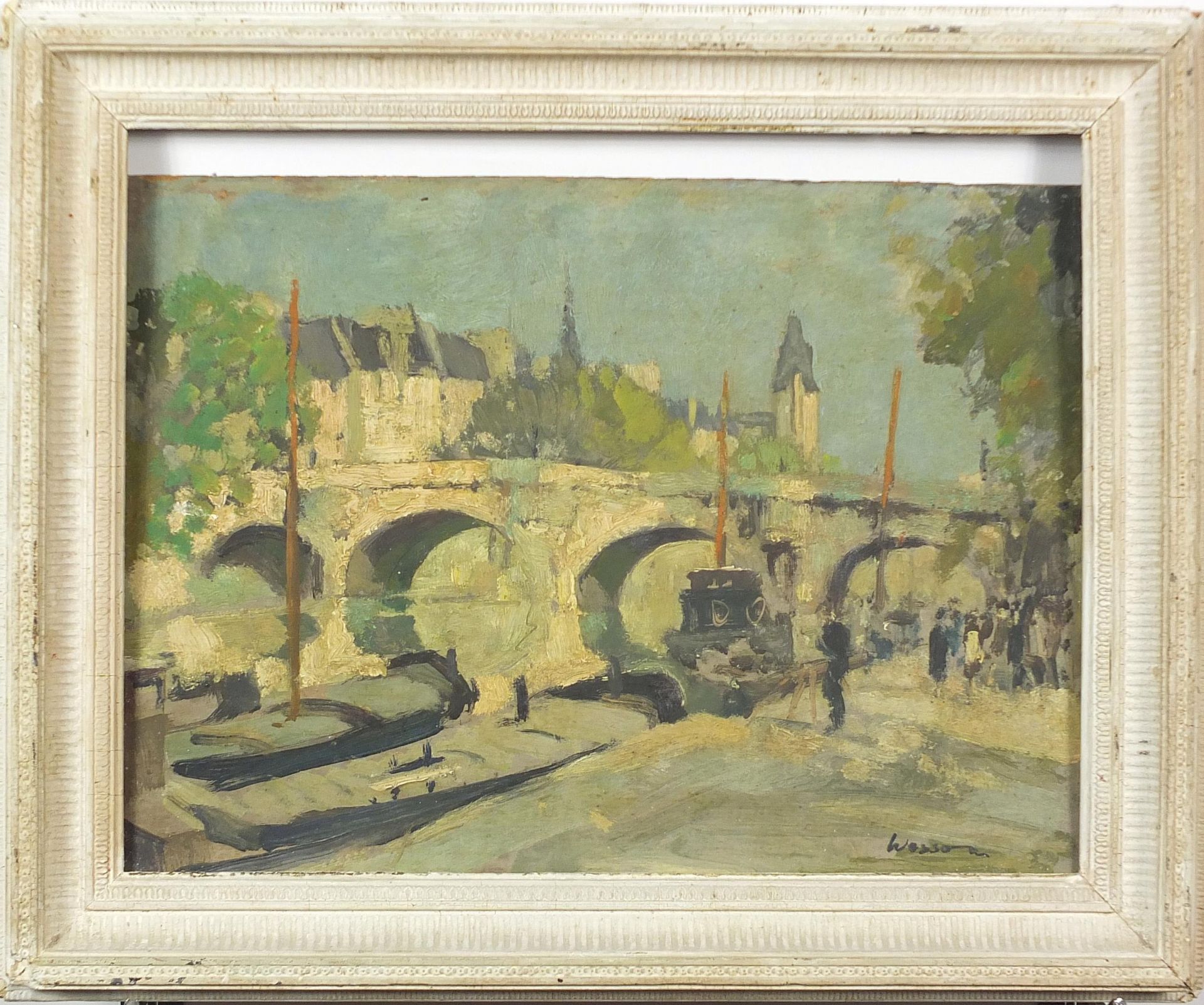 Edward Wesson - River landscape with bridge before a town, oil on board, framed, 35cm x 28cm - Image 2 of 5