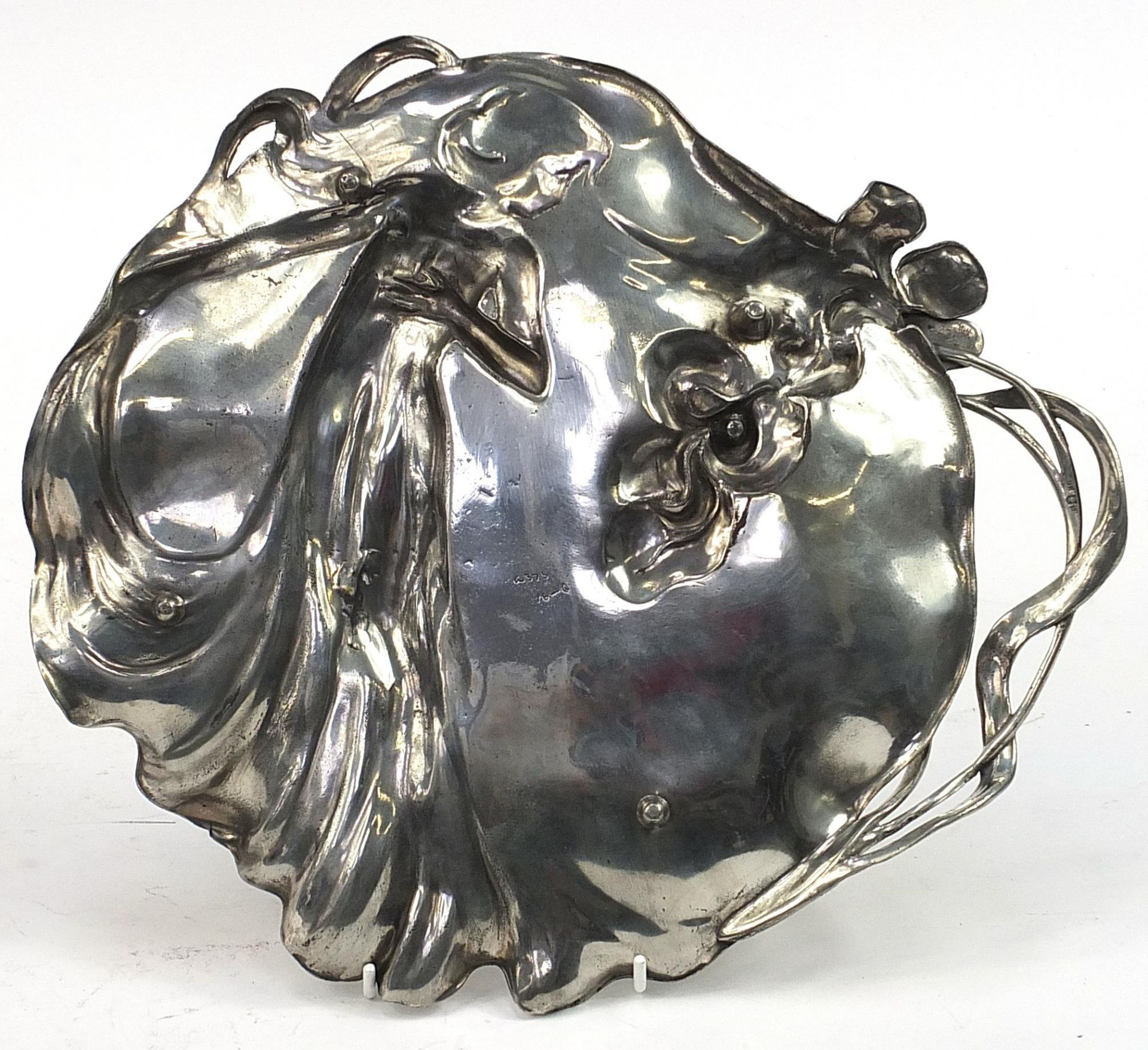WMF, German Art Nouveau pewter handled tray embossed with a stylised female wearing a flowing dress, - Image 2 of 3