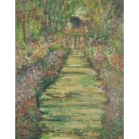 Garden scene with flowers, Post Impressionist oil on board, mounted, framed and glazed, 48cm x