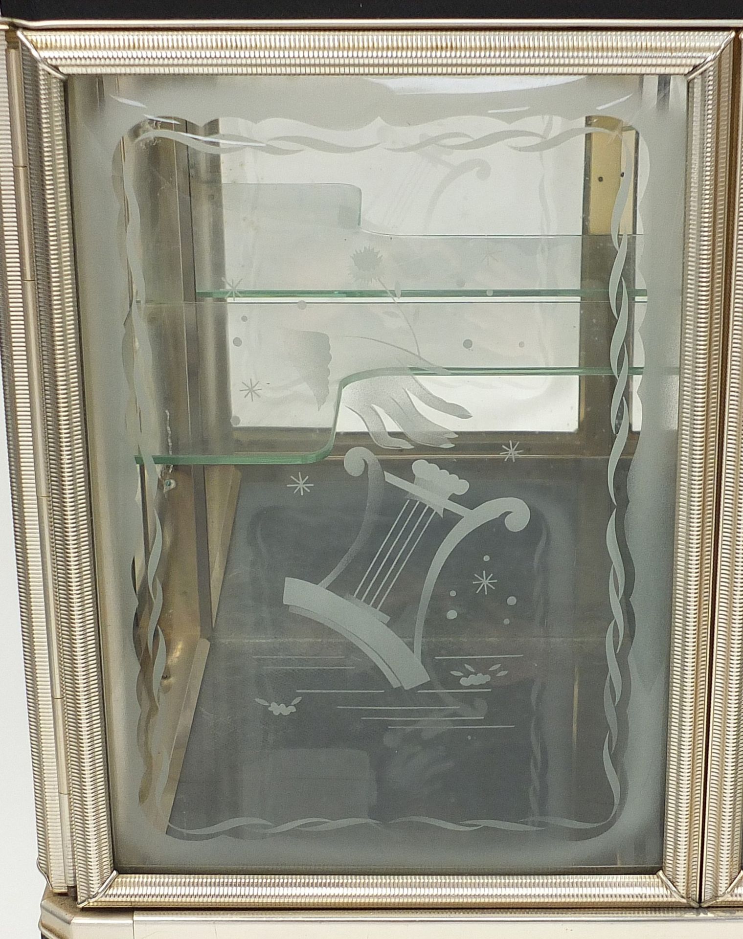 1950's Retro Italian style glass cabinet, the bow fronted doors and sides etched with musical lyre - Image 2 of 5