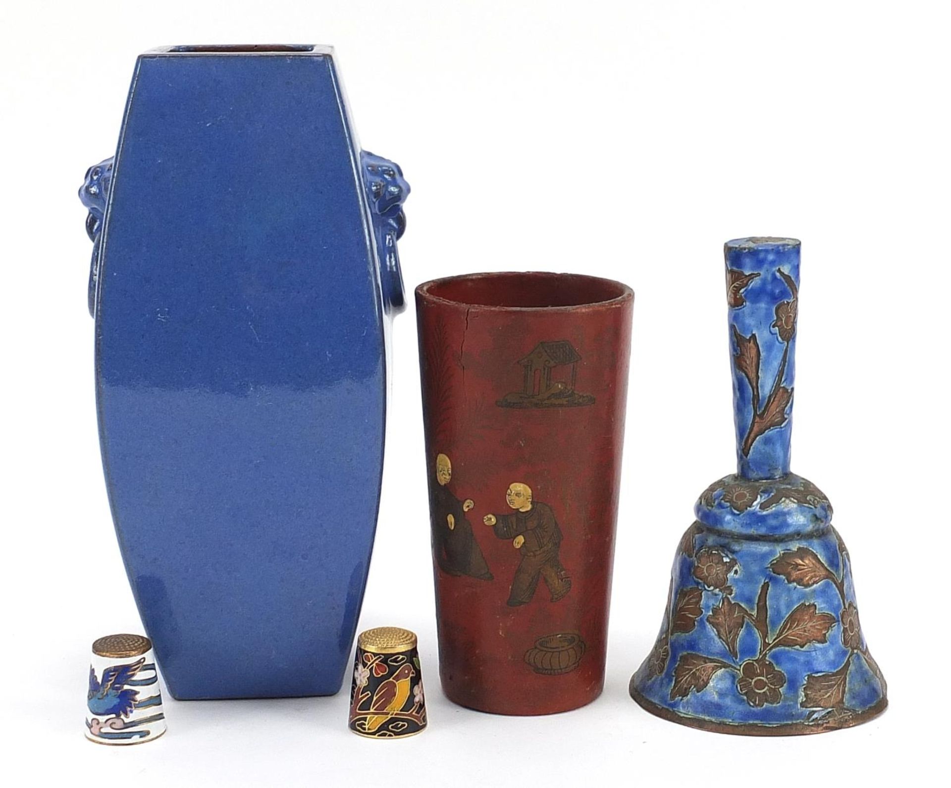 Oriental porcelain and objects including a square section vase with animalia ring turned handles, - Image 4 of 5