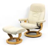 Stressless Ekornes, cream leather easy chair with matching footstool, 100cm high