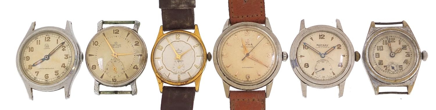 Six vintage gentlemen's wristwatches including Cyma automatic, Rotary and Smiths