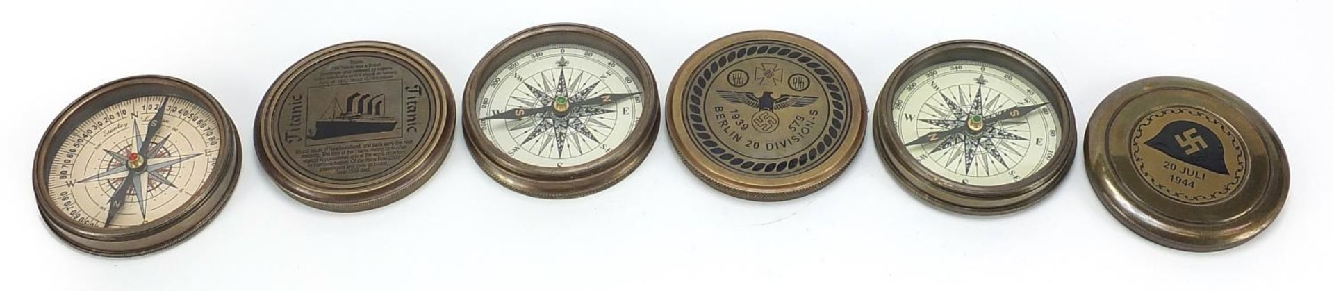 Three naval interest brass compasses including two German style examples, each 7.5cm in diameter