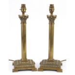 Pair of brass Corinthian column table lamps, 40cm high