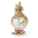 9ct gold and crystal owl charm, 3cm high, 12.8g