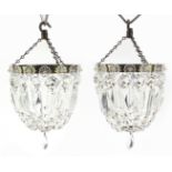 Pair of brass bag chandeliers with cut glass drops, 17.5cm in diameter