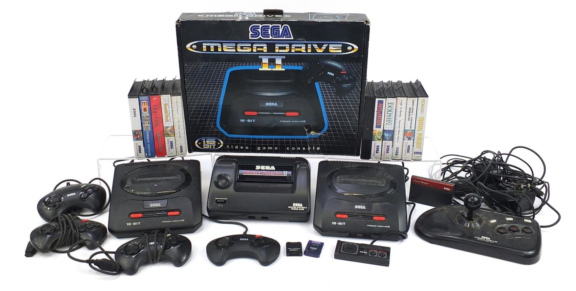 Two Sega Mega Drive II games consoles and a Sega Master System II powerbase with accessories and a