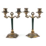 Pair of French Napoleon III silver gilt two branch candelabras with malachite columns, each 21cm