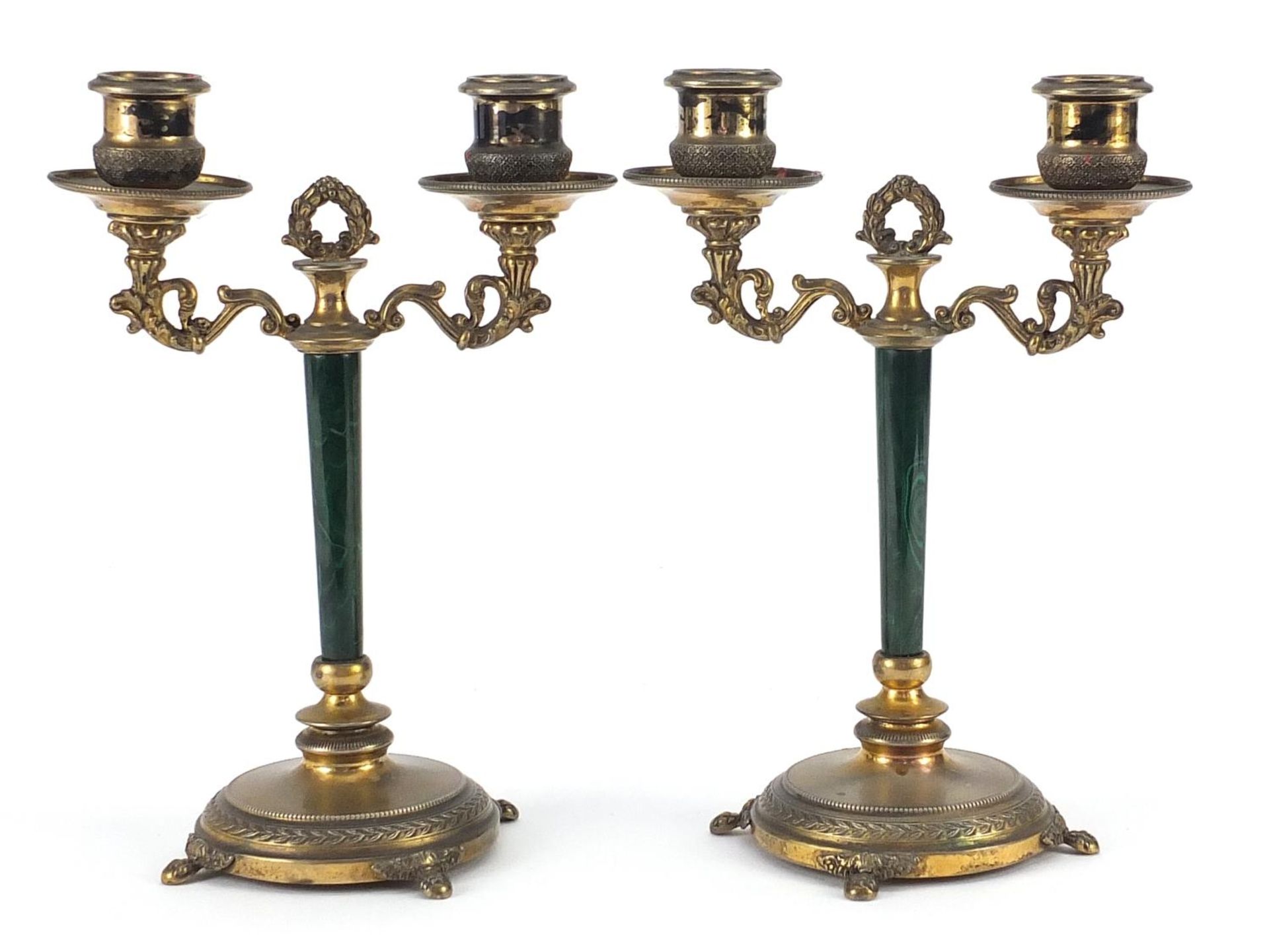 Pair of French Napoleon III silver gilt two branch candelabras with malachite columns, each 21cm