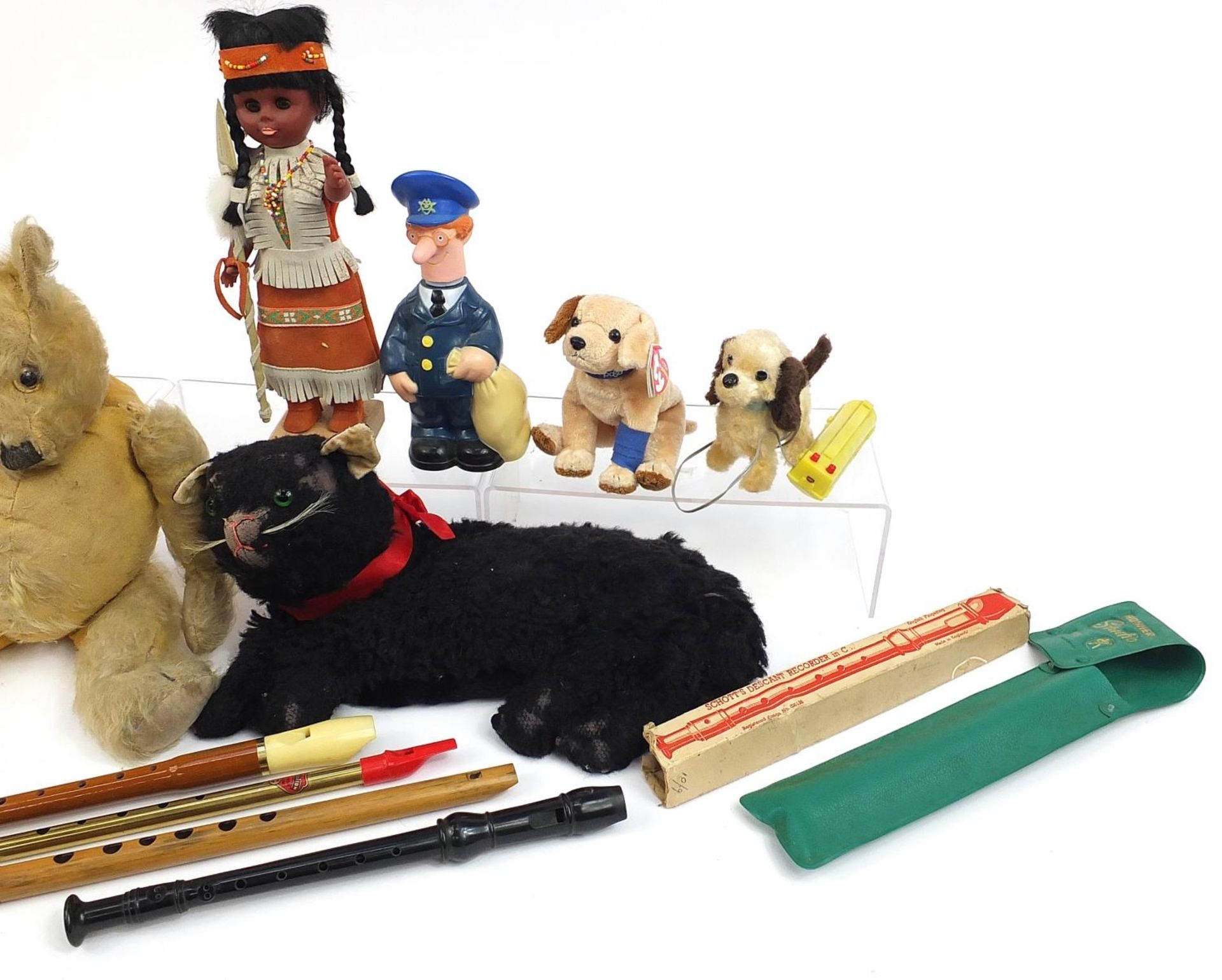 Vintage and later toys including an antique golden teddy bear, recorder instruments and black cat - Image 3 of 4