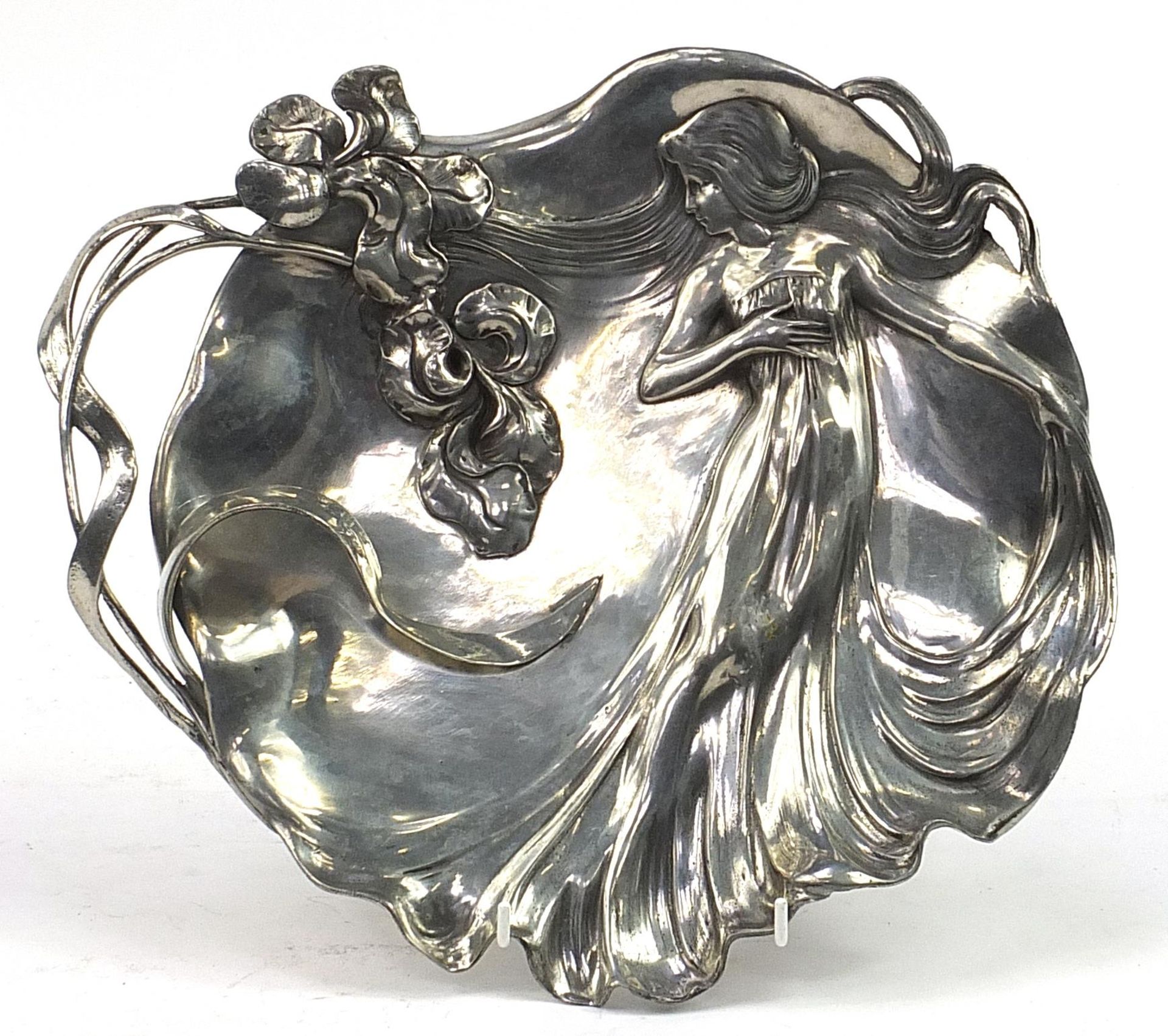 WMF, German Art Nouveau pewter handled tray embossed with a stylised female wearing a flowing dress,