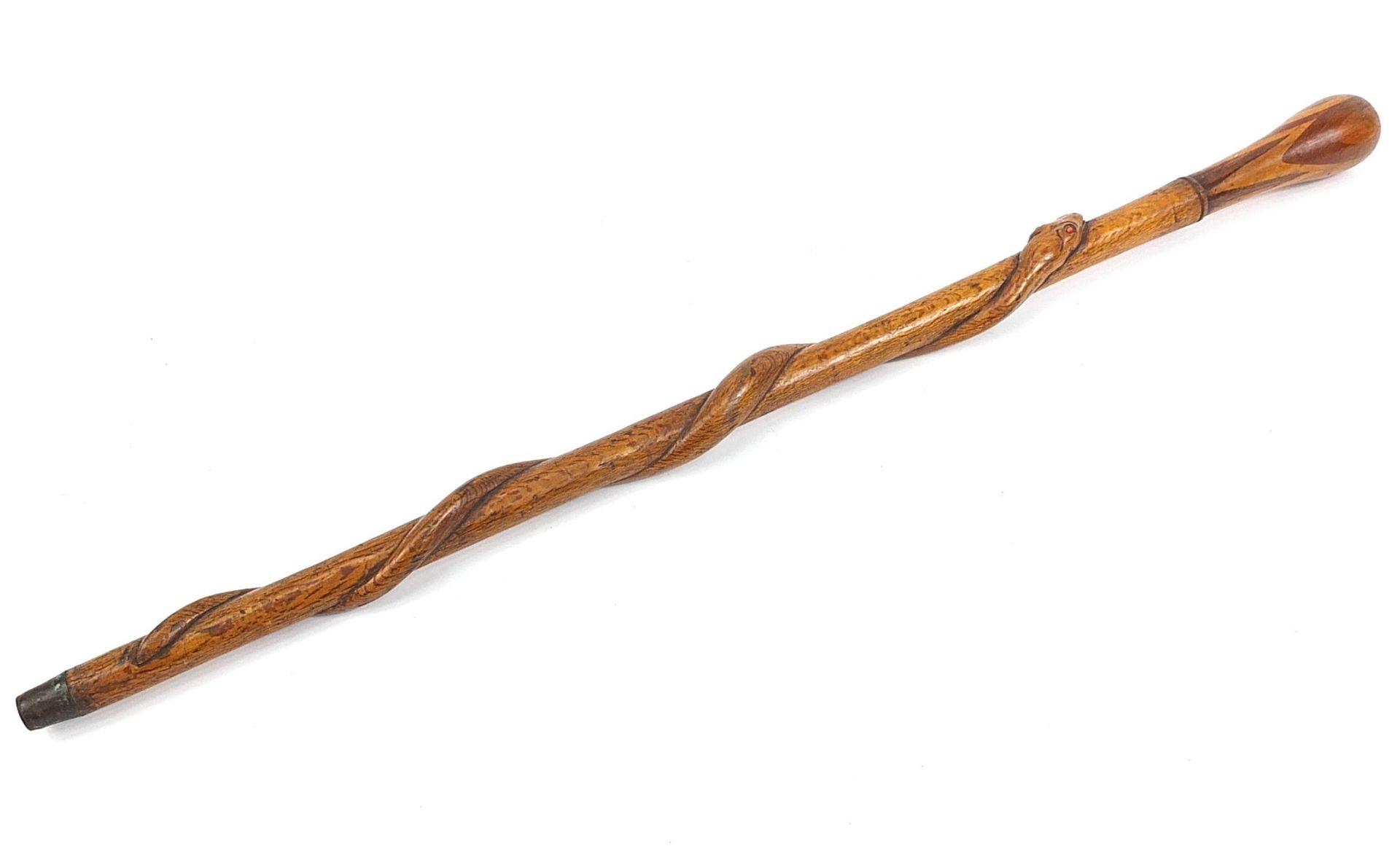 Hardwood walking stick with inlaid handle carved with a serpent, 85cm in length - Image 2 of 3