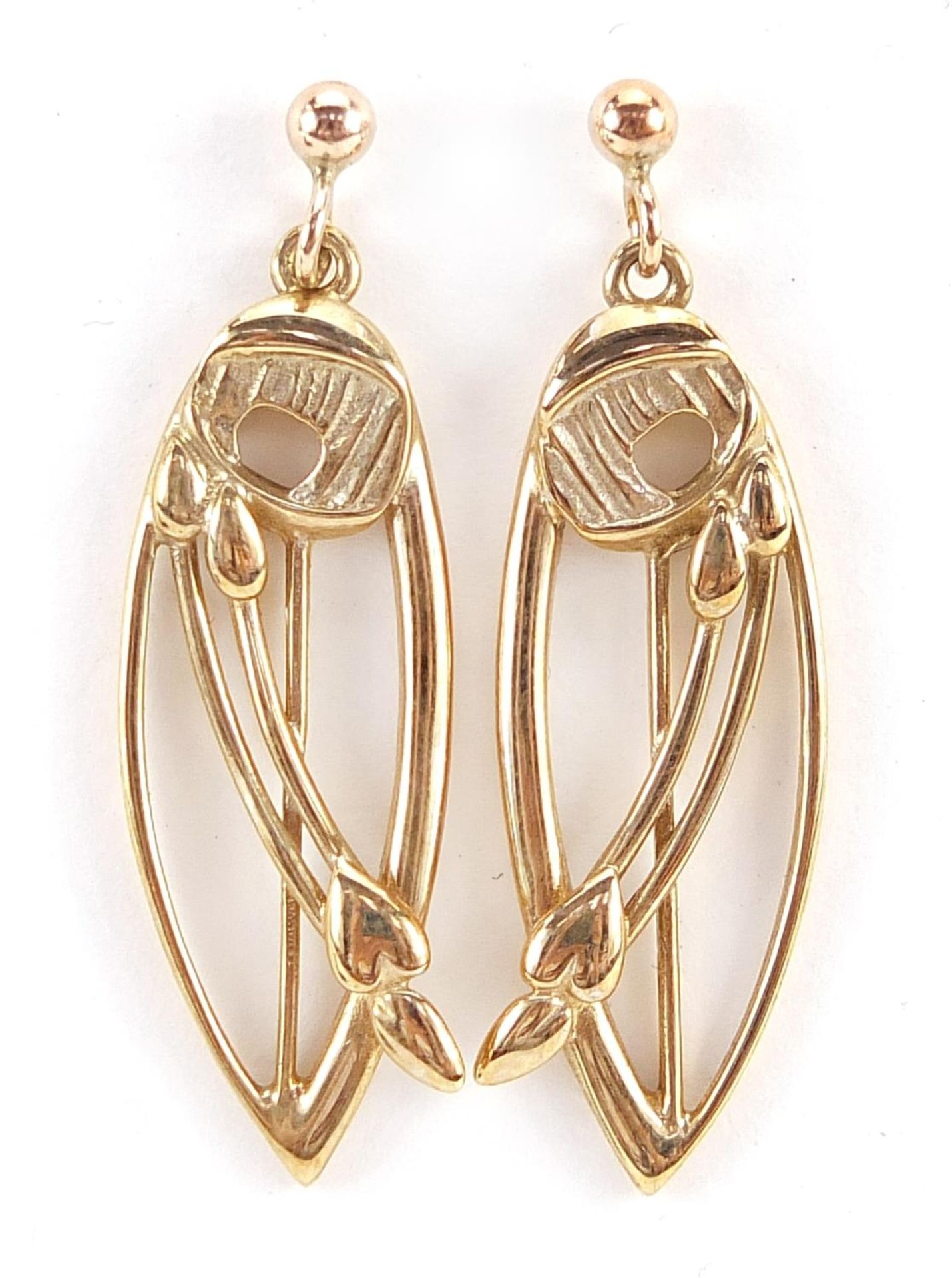 Pair of 9ct gold Rennie Mackintosh design drop earrings, 3.2cm high, 4.0g