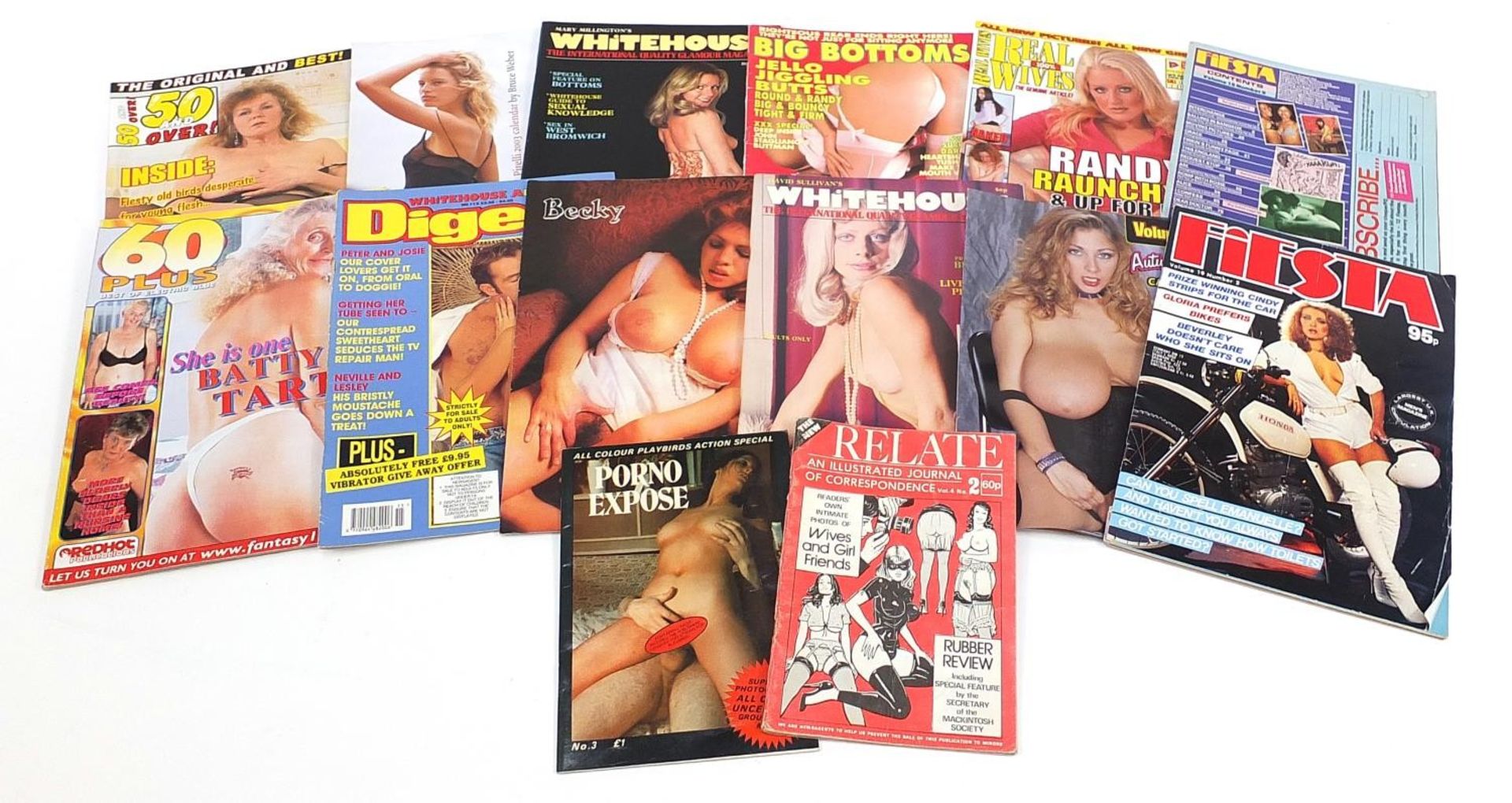 Thirteen Erotic men's magazines including Fiesta, Relate and a 2003 Voluptuos calandar